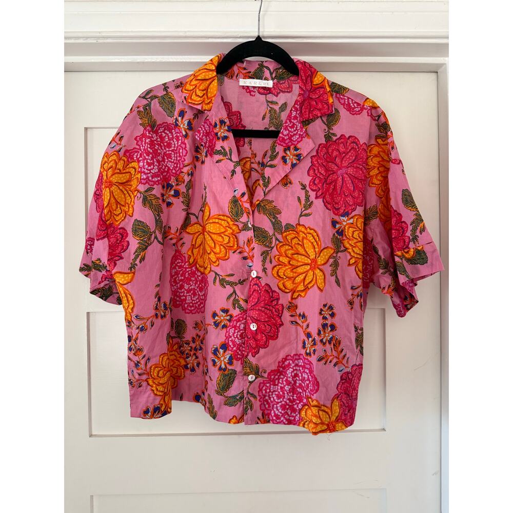Karlie Pink Floral Button-Up Blouse with Yellow & Magenta Blooms